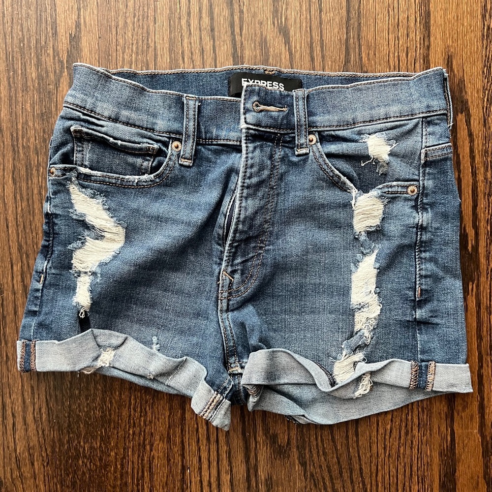 Express Distressed Rolled-Hem Denim Shorts - Blue